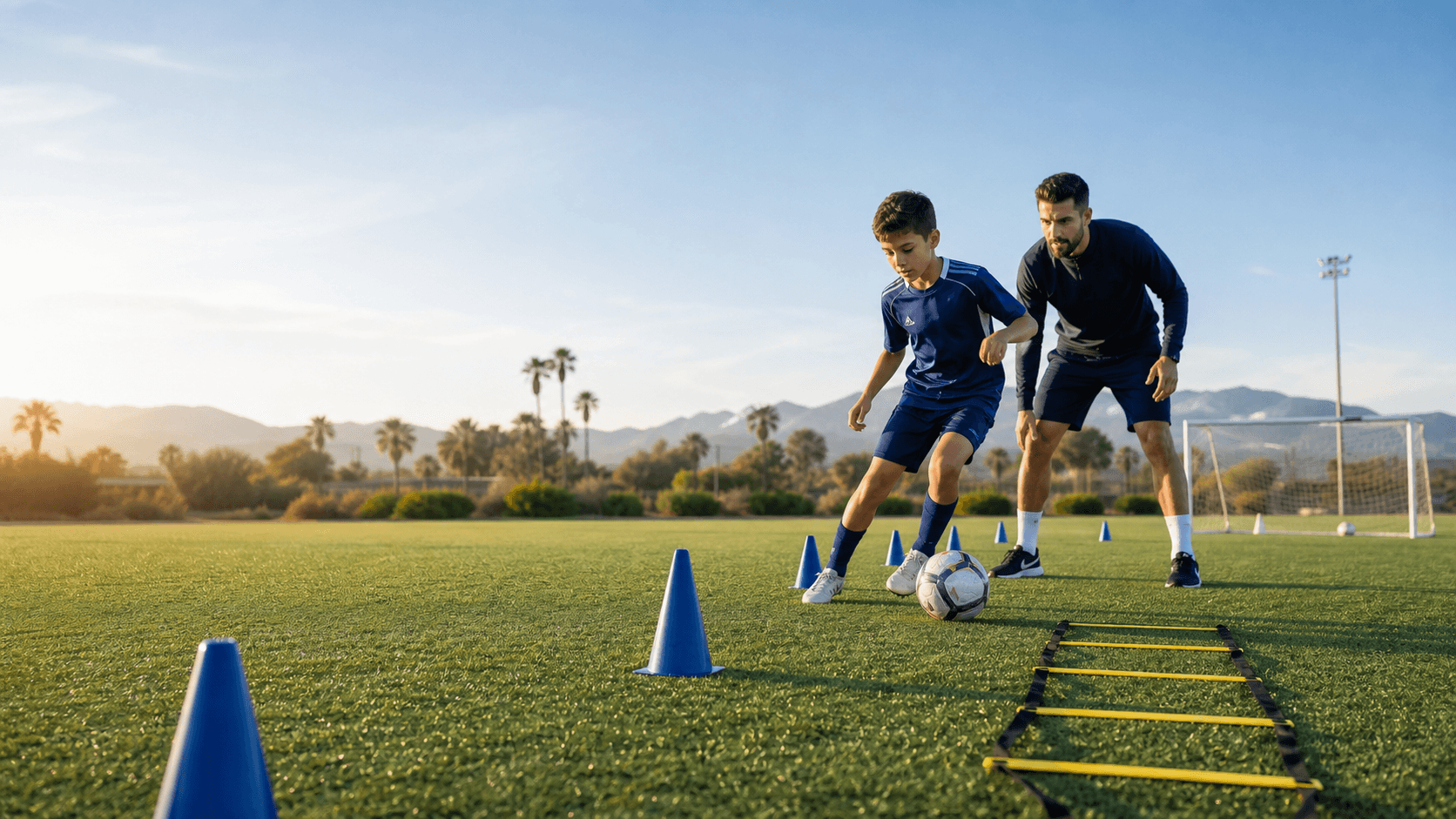 Coach and youth soccer player training on a field